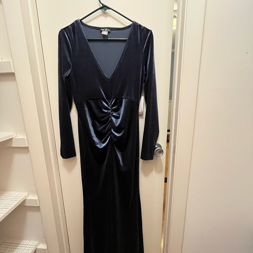 VENUS Blue Ruched Wrap Gown Long Sleeve